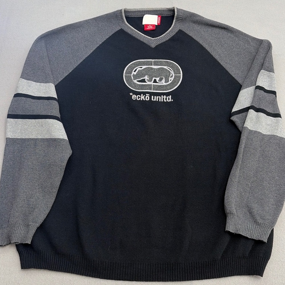Vintage Ecko Unltd Sweater Mens‎ XL Black Grey Rhino Logo V-Neck Streetwear Y2K